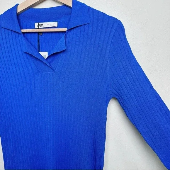 Zara Womens Size Medium Ribbed Royal Blue Slit Hem  Tunic Top - Picture 5 of 13